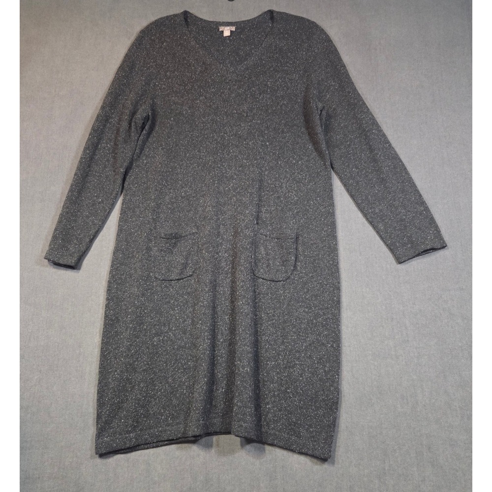 J. Jill Sweater Dress Womens LP Gray Silk Cotton V-Neck Long Sleeve Pockets